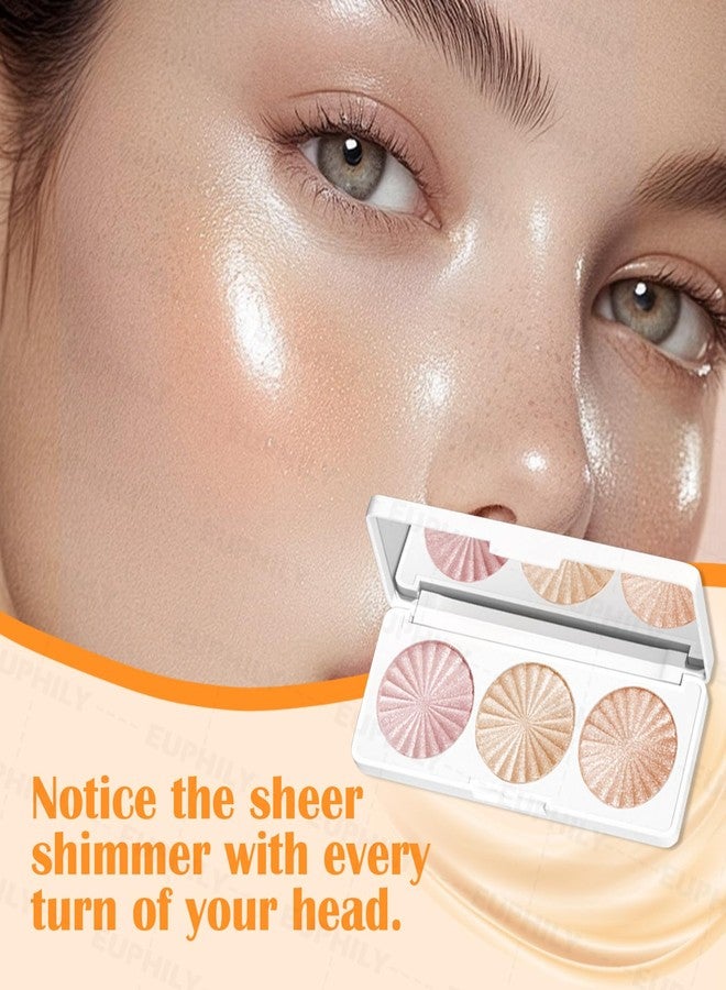 Euphily 3 Colors Highlighter Makeup Palette, Face Highlight Makeup Contour Powder, Waterproof Long Lasting Glitter Face Illuminator Highlighter for Women, 02 Sunset Radiance Trio - Image 2